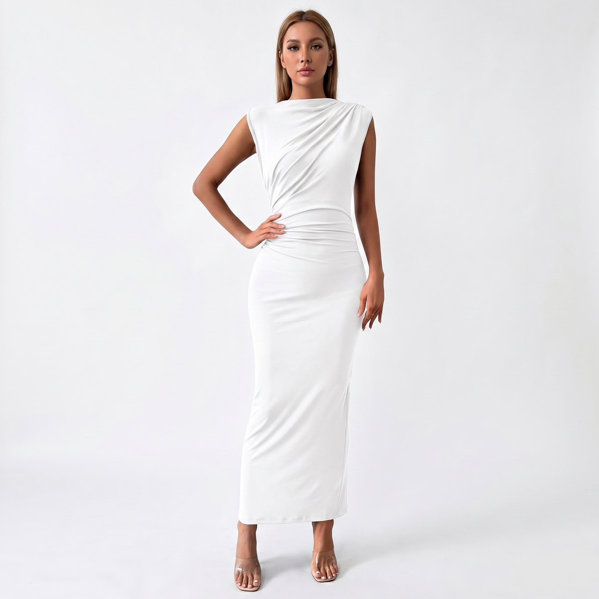 Women's Ruched Side Bodycon Maxi Dress Sleeveless High Neck Formal