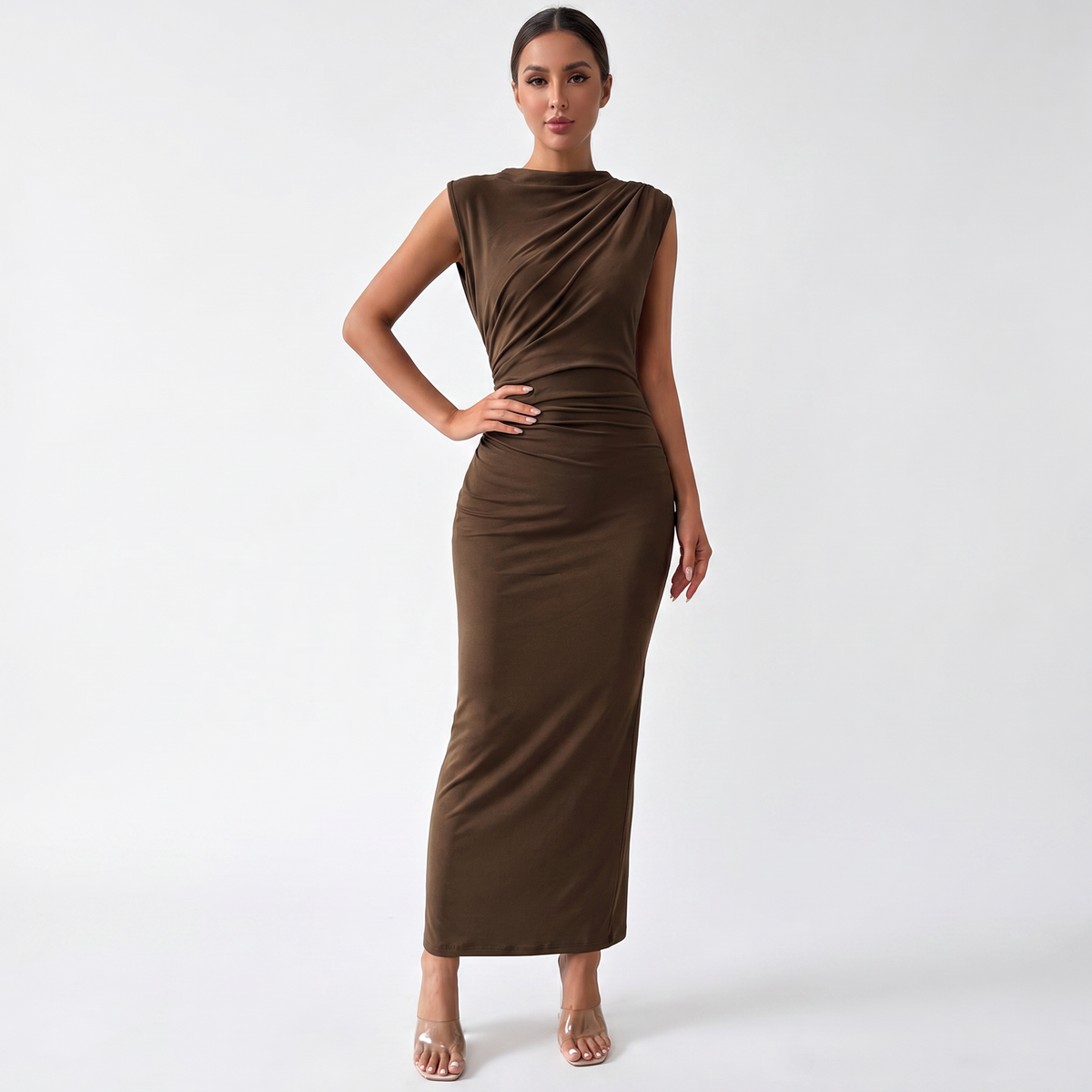 Women's Ruched Side Bodycon Maxi Dress Sleeveless High Neck Formal
