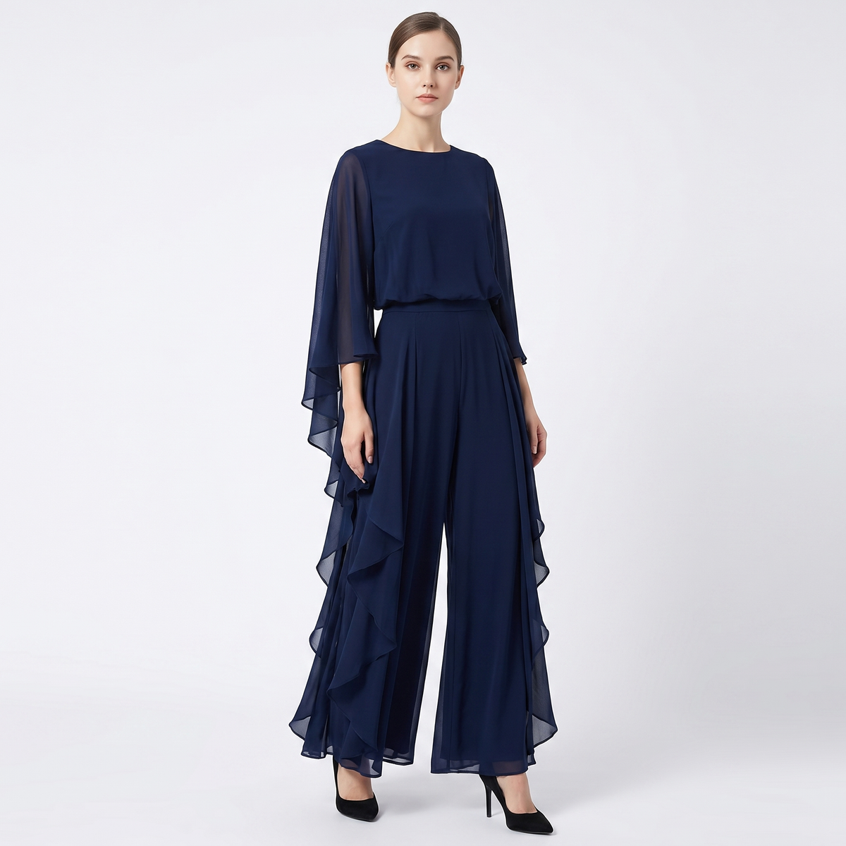 Women's Chiffon Cape Sleeve Maxi Dress Ruffle Side Batwing Formal Evening Gown