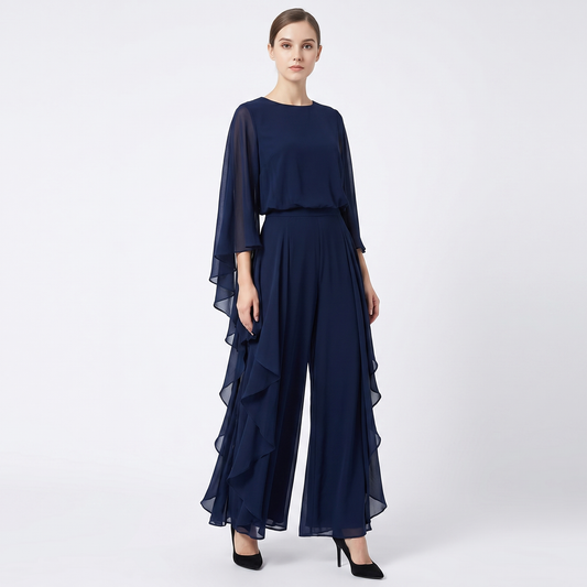 Women's Chiffon Cape Sleeve Maxi Dress Ruffle Side Batwing Formal Evening Gown