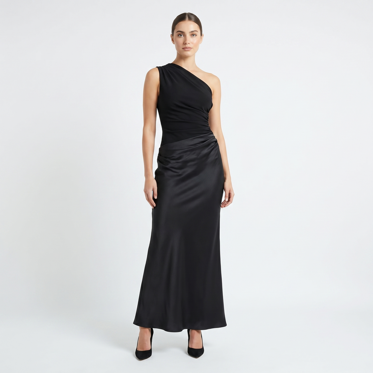 Women's One Shoulder Satin Maxi Dress Ruched Waist Bodycon Formal Evening Gown