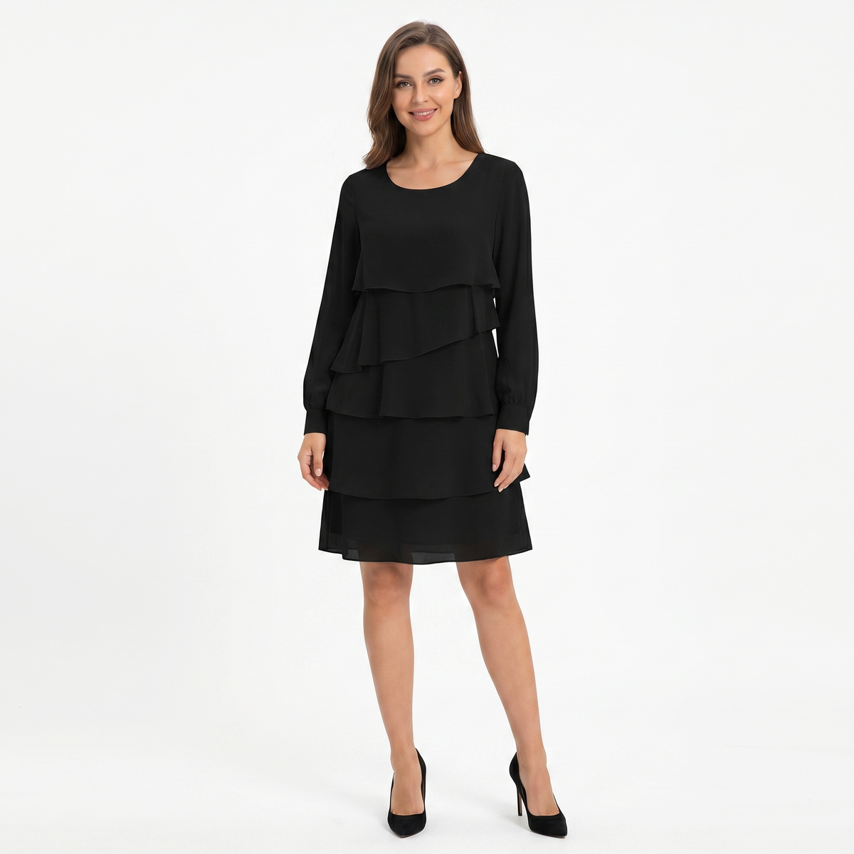 Women's Tiered Ruffle Chiffon Mini Dress Long Sleeve Layered Wedding Guest Dress
