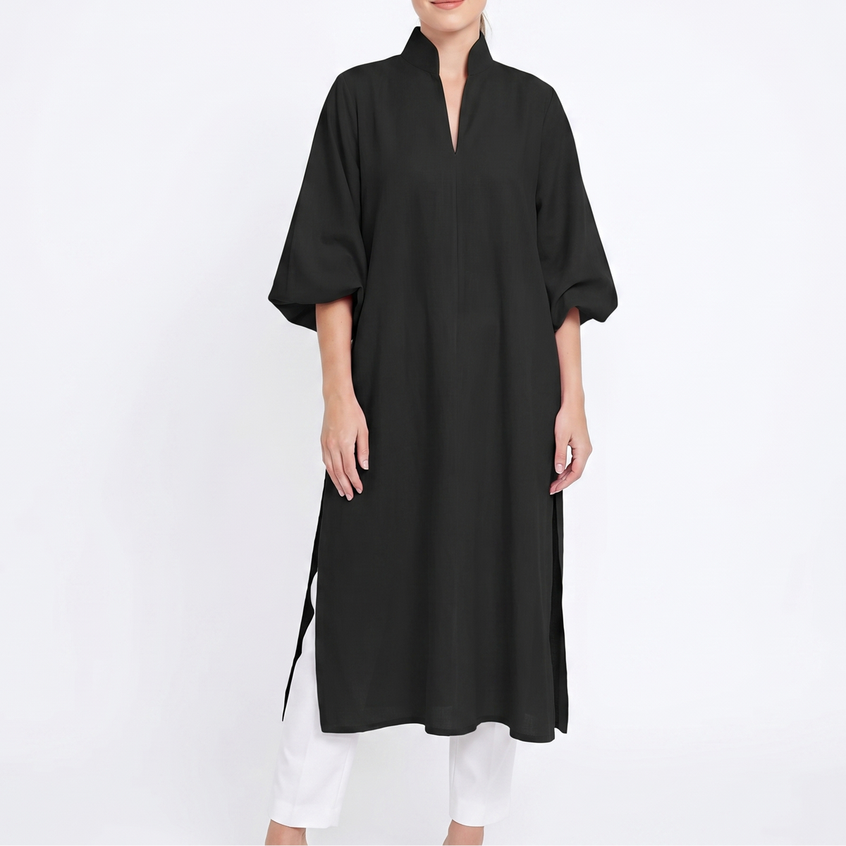 Women's Midi Shirt Dress Puff Sleeve Stand Collar Oversized Kaftan