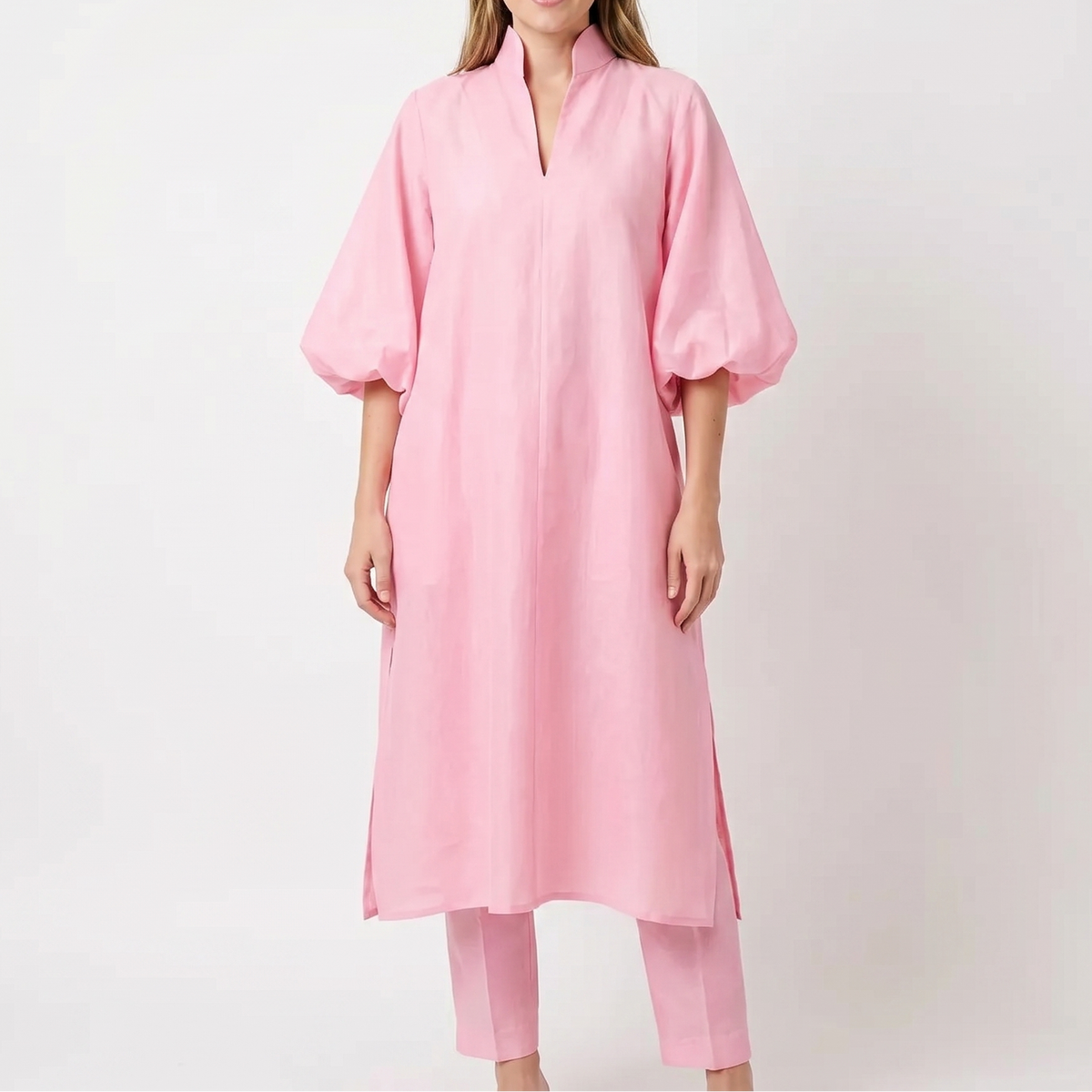 Women's Midi Shirt Dress Puff Sleeve Stand Collar Oversized Kaftan
