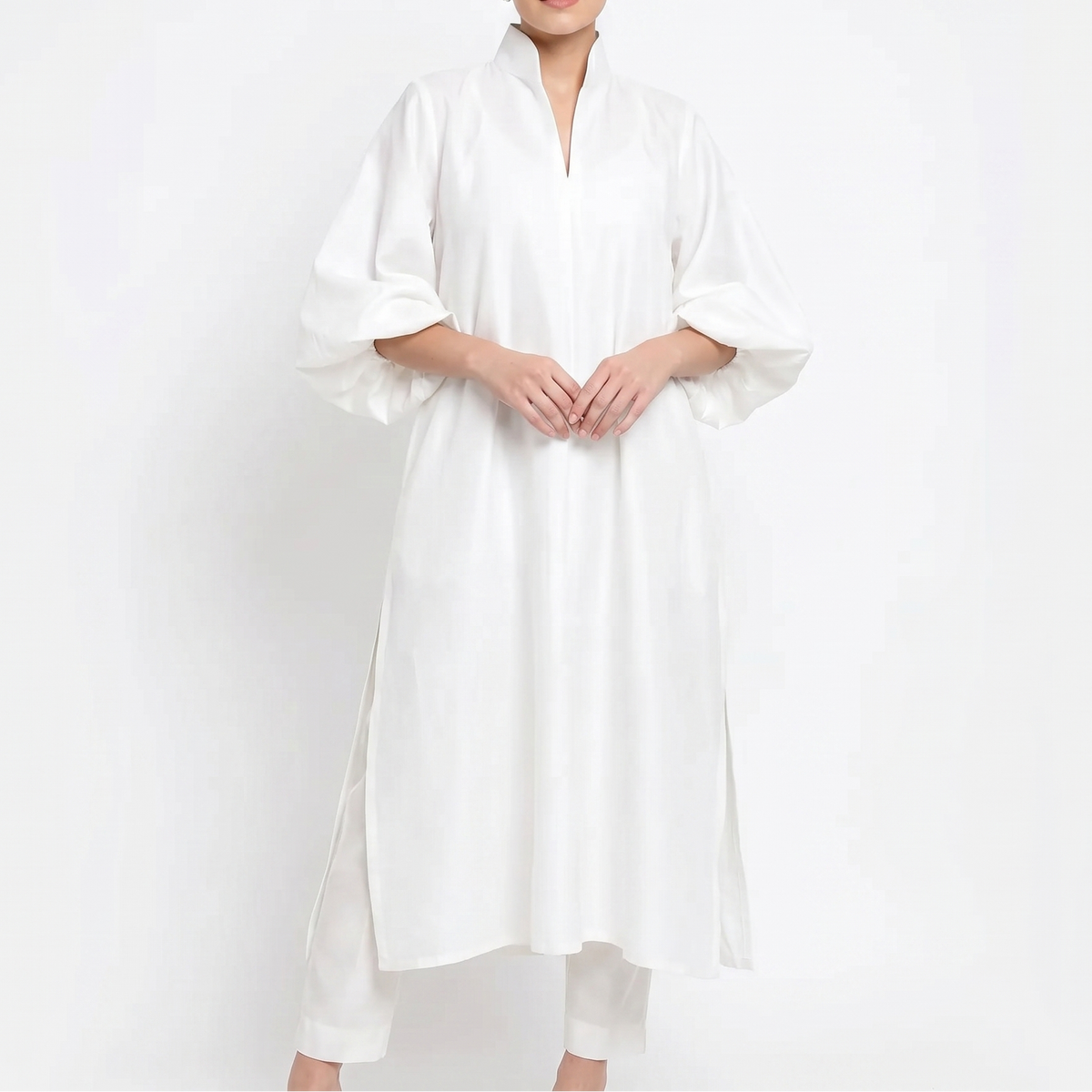 Women's Midi Shirt Dress Puff Sleeve Stand Collar Oversized Kaftan
