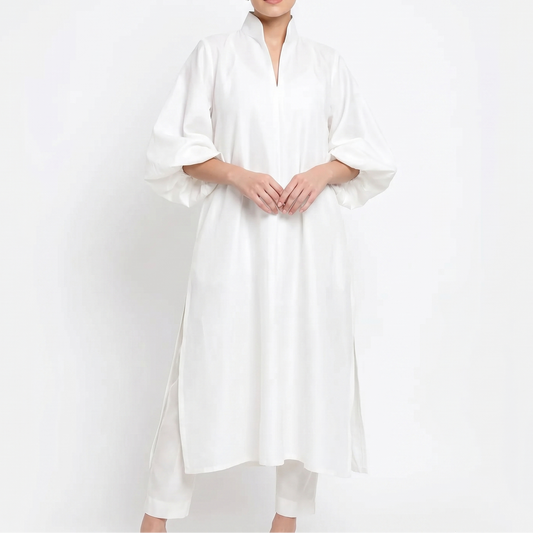 Women's Midi Shirt Dress Puff Sleeve Stand Collar Oversized Kaftan