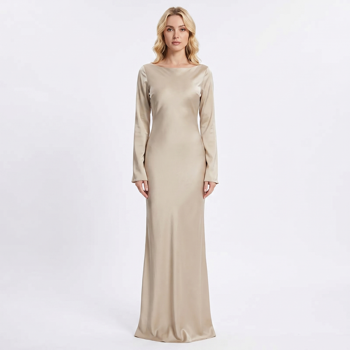 Women's Satin Maxi Dress Long Flared Sleeve Boat Neck Bodycon Slip