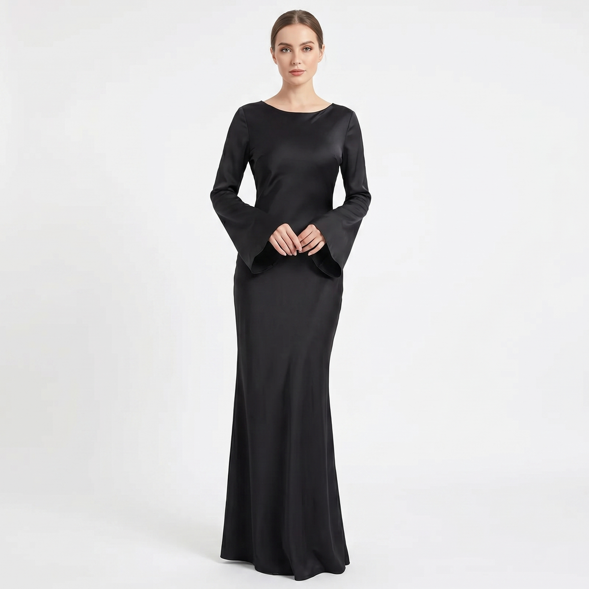 Women's Satin Maxi Dress Long Flared Sleeve Boat Neck Bodycon Slip
