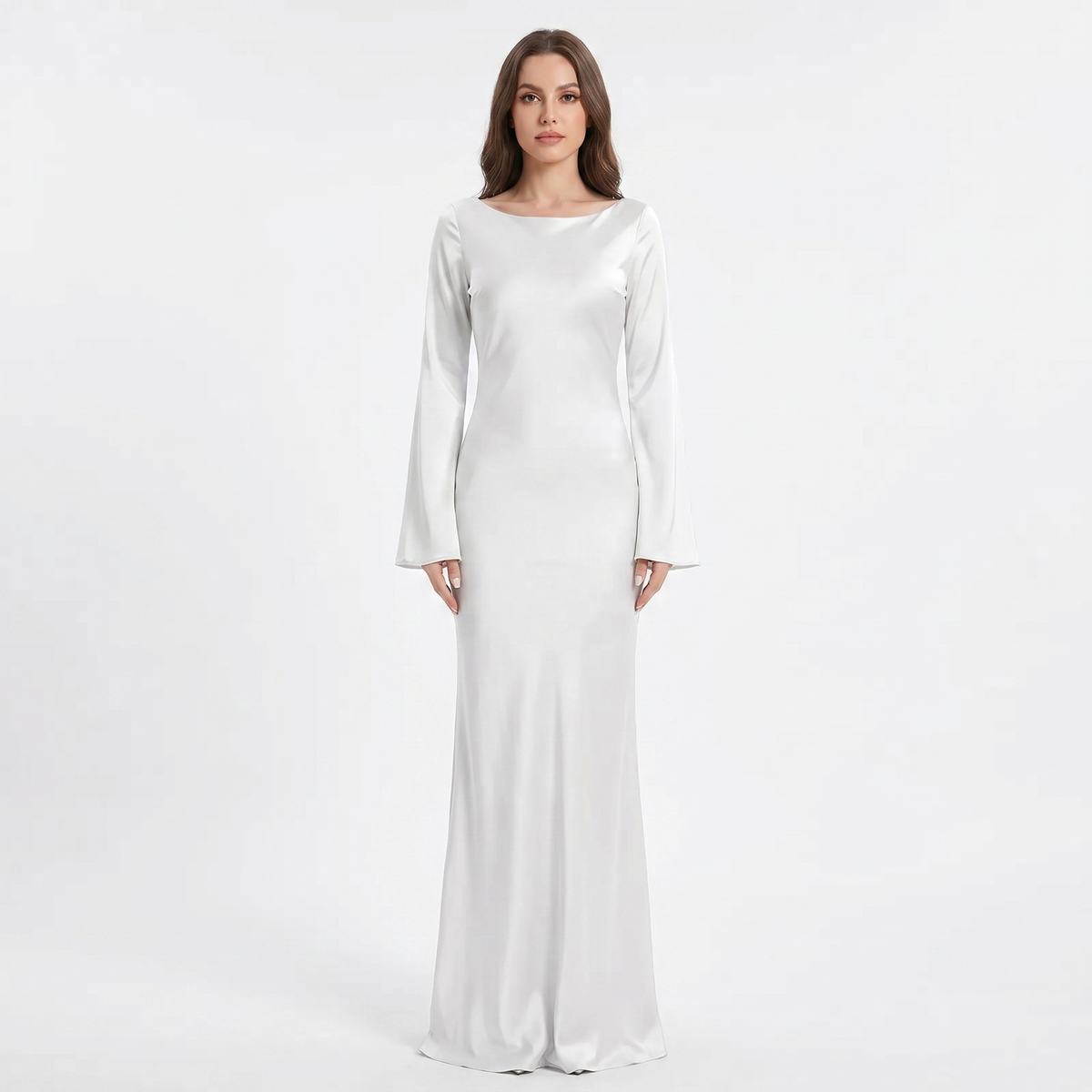 Women's Satin Maxi Dress Long Flared Sleeve Boat Neck Bodycon Slip