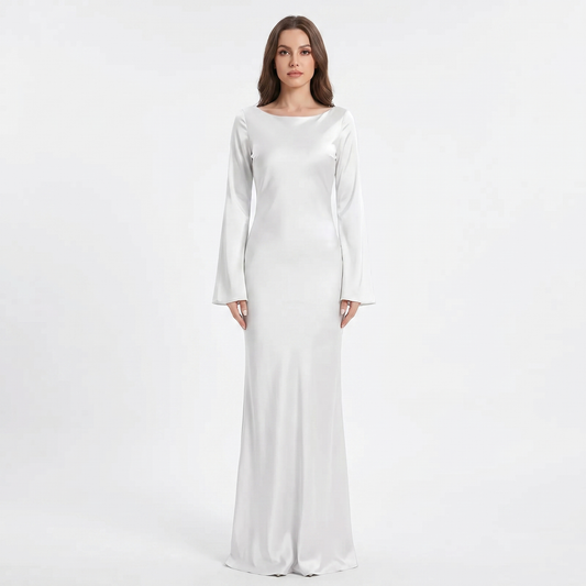 Women's Satin Maxi Dress Long Flared Sleeve Boat Neck Bodycon Slip