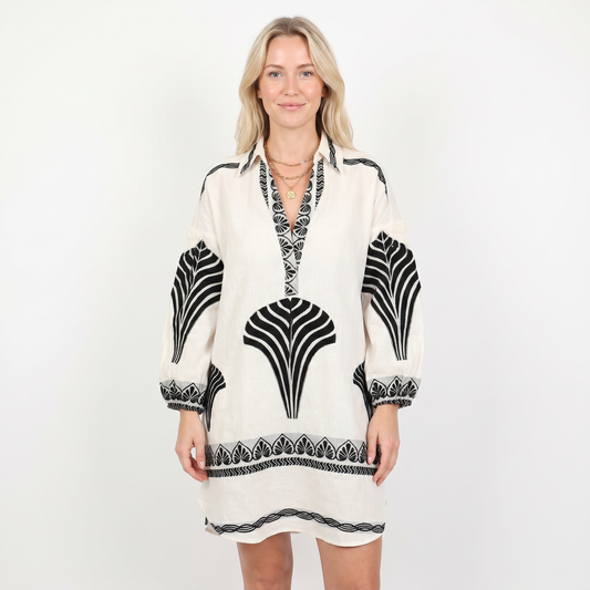 Women's Embroidered Mini Dress Long Sleeve V Neck Oversized Linen