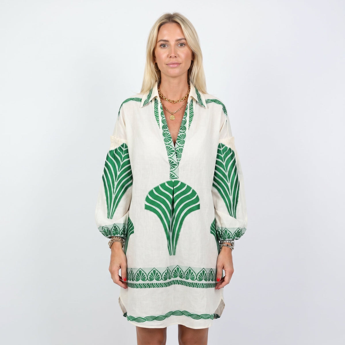 Women's Embroidered Mini Dress Long Sleeve V Neck Oversized Linen