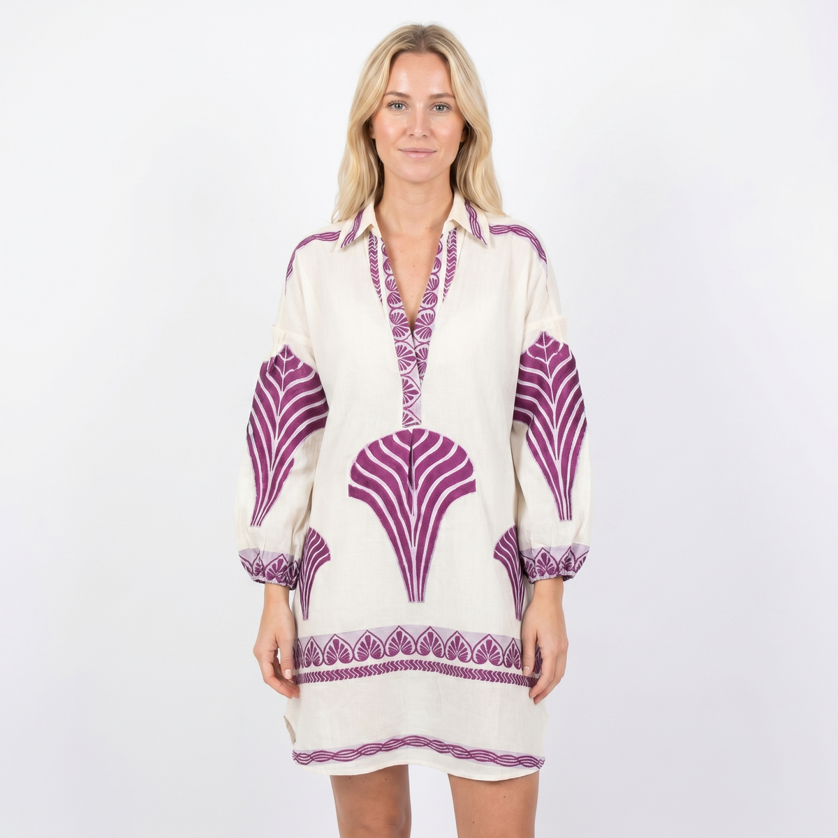 Women's Embroidered Mini Dress Long Sleeve V Neck Oversized Linen