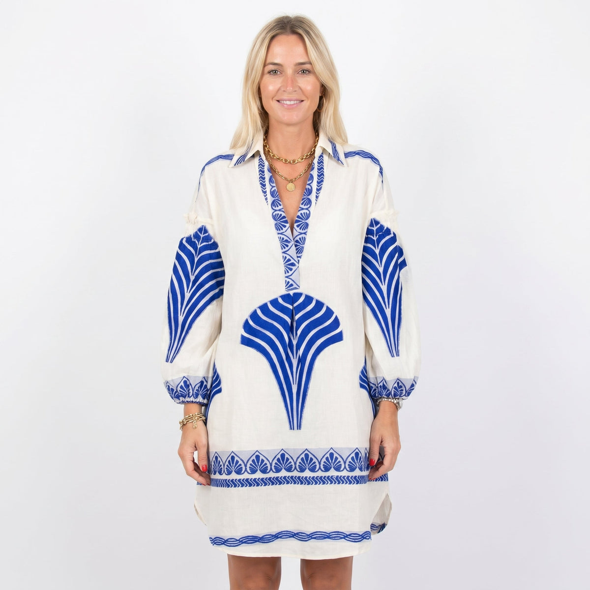 Women's Embroidered Mini Dress Long Sleeve V Neck Oversized Linen