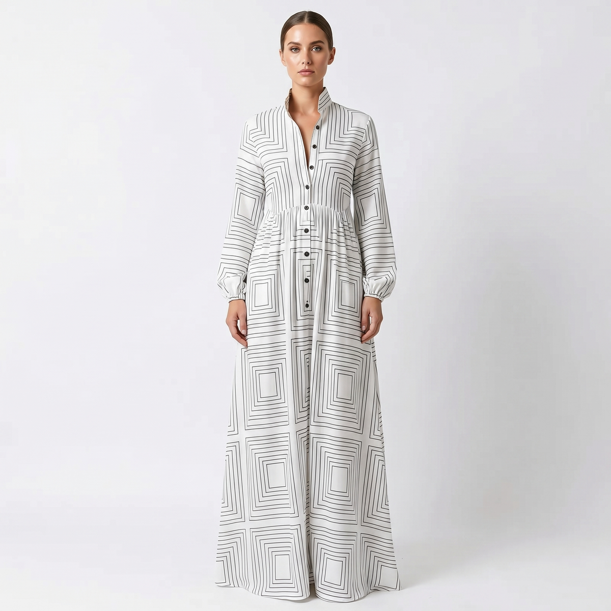 Women's Geometric Print Maxi Shirt Dress Long Sleeve Button Down