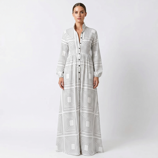 Women's Geometric Print Maxi Shirt Dress Long Sleeve Button Down