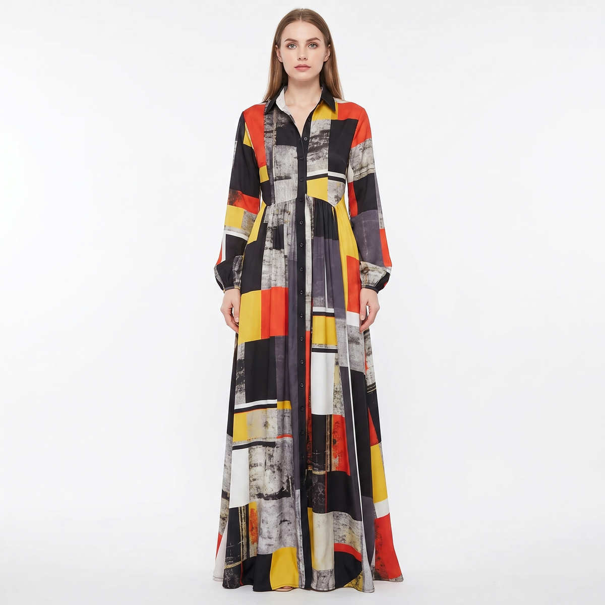 Women's Geometric Print Maxi Shirt Dress Long Sleeve Button Down