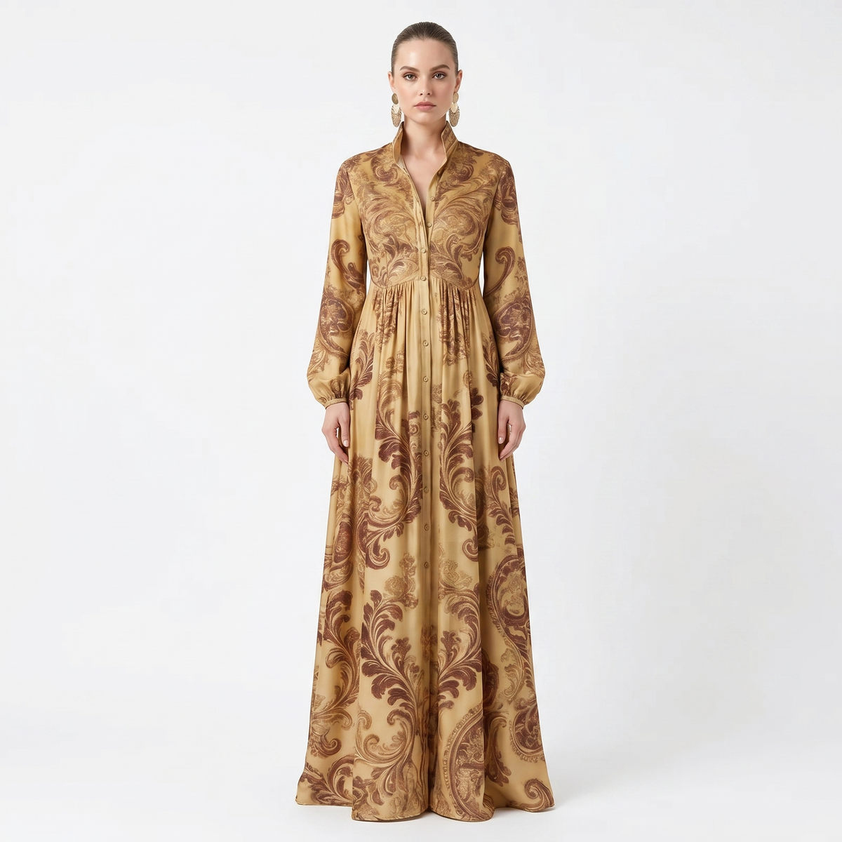 Women's Geometric Print Maxi Shirt Dress Long Sleeve Button Down