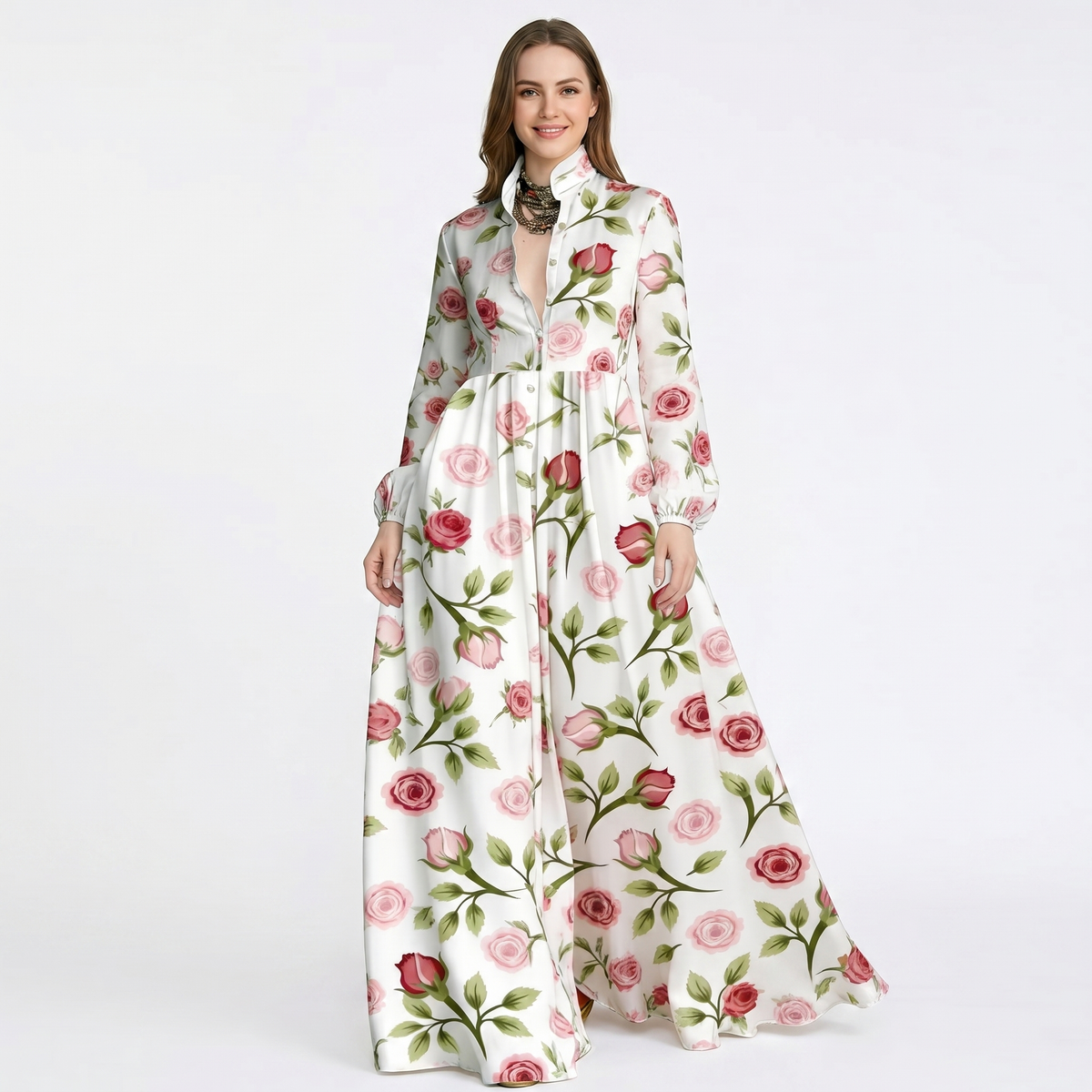 Women's Geometric Print Maxi Shirt Dress Long Sleeve Button Down