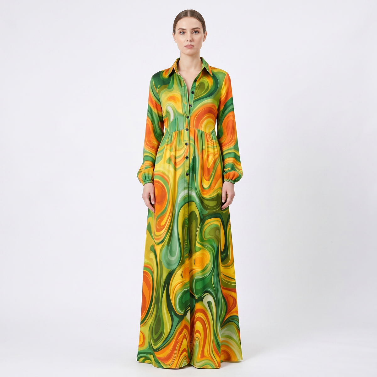 Women's Geometric Print Maxi Shirt Dress Long Sleeve Button Down