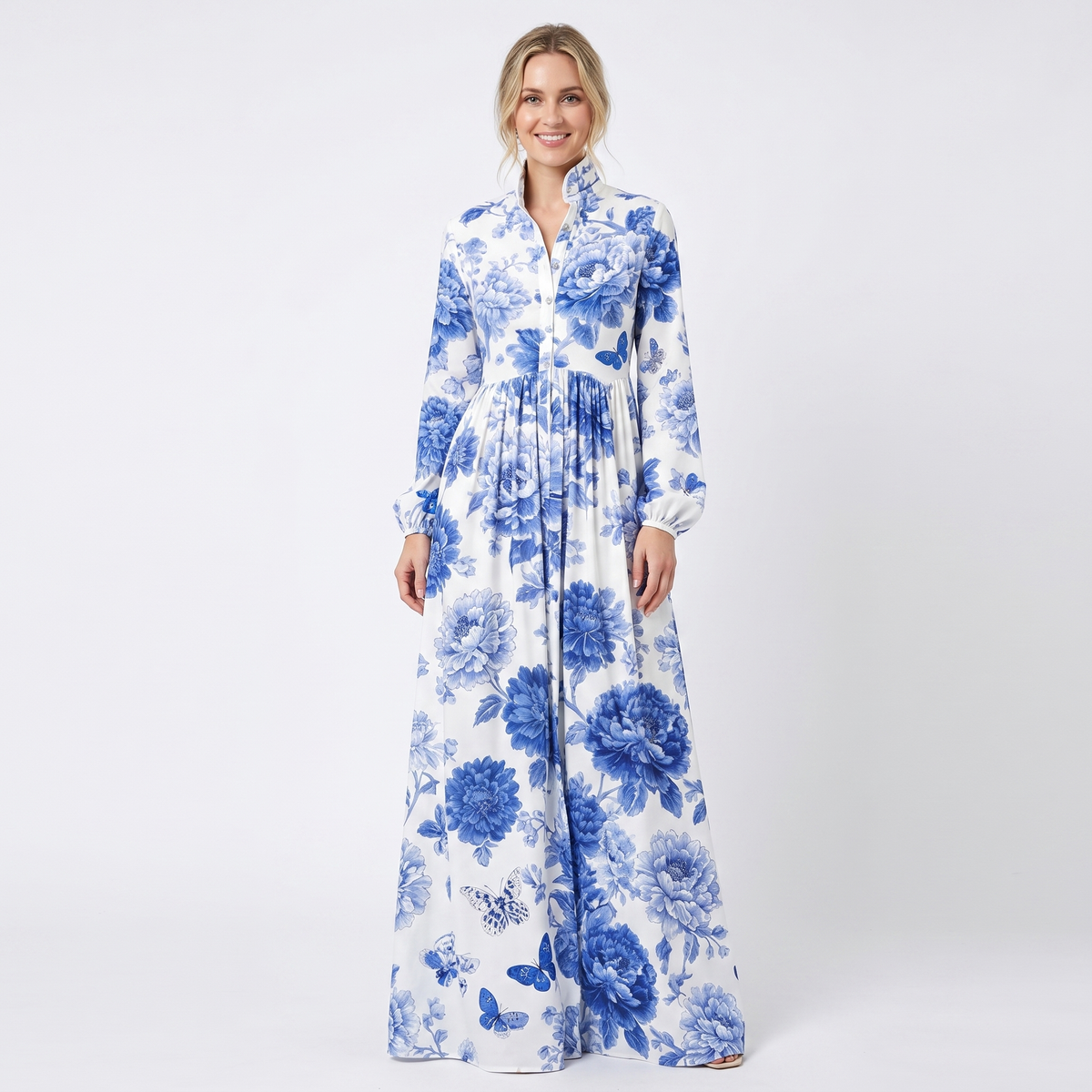 Women's Geometric Print Maxi Shirt Dress Long Sleeve Button Down