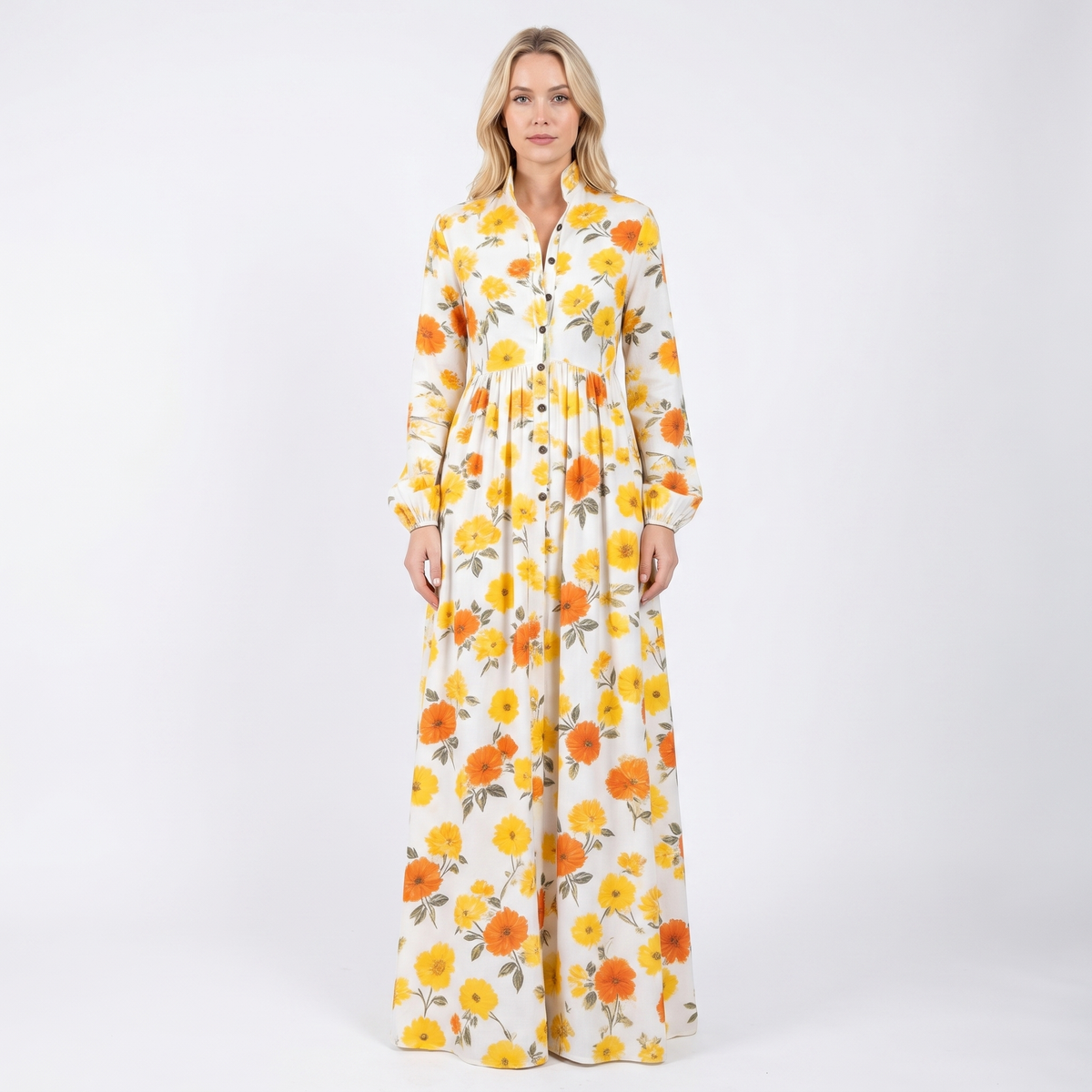 Women's Geometric Print Maxi Shirt Dress Long Sleeve Button Down