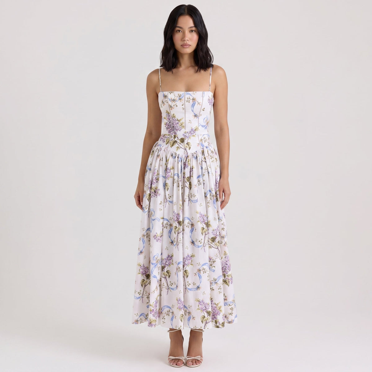 Women's Floral Print Corset Bodice Maxi Dress Spaghetti Strap Full