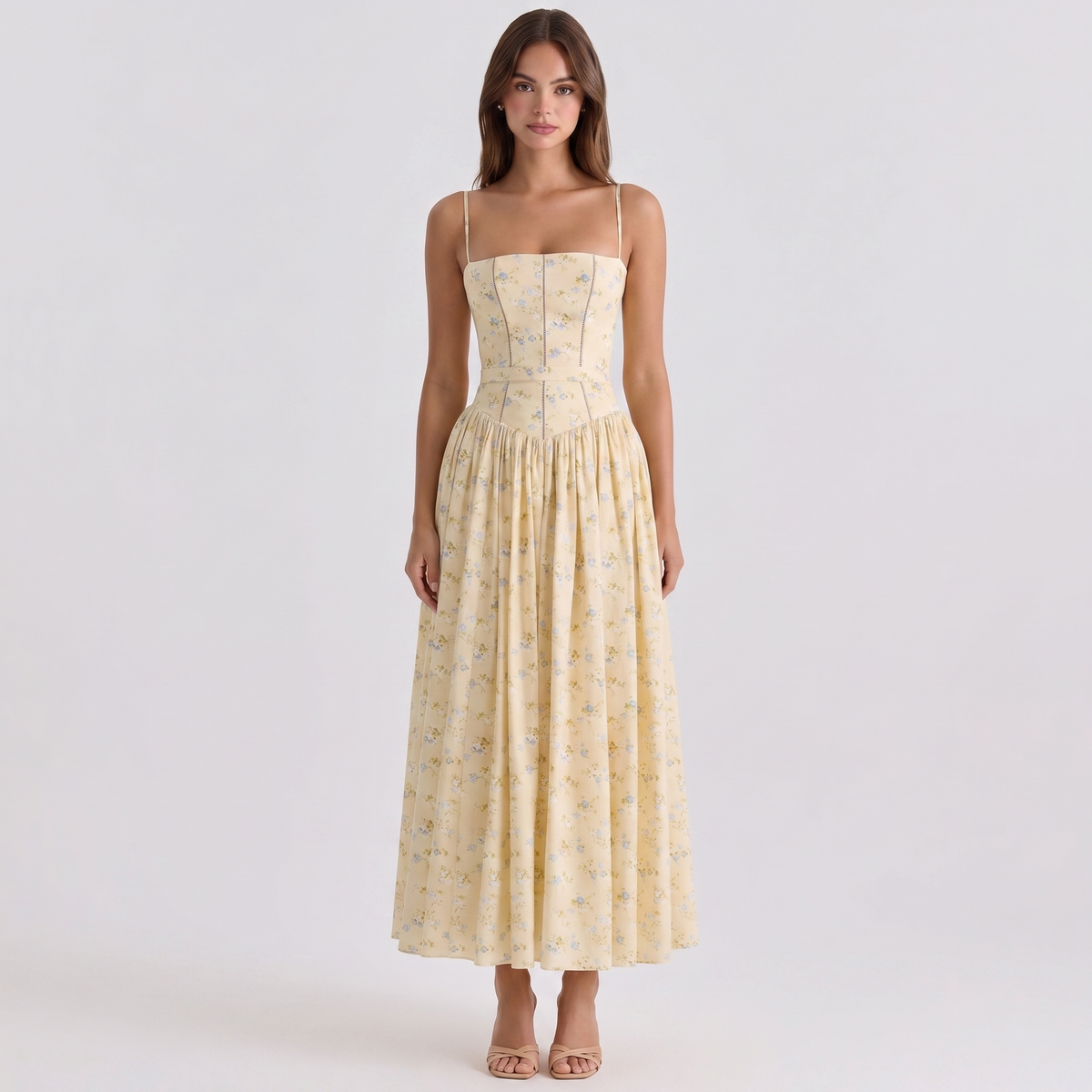 Women's Floral Print Corset Bodice Maxi Dress Spaghetti Strap Full