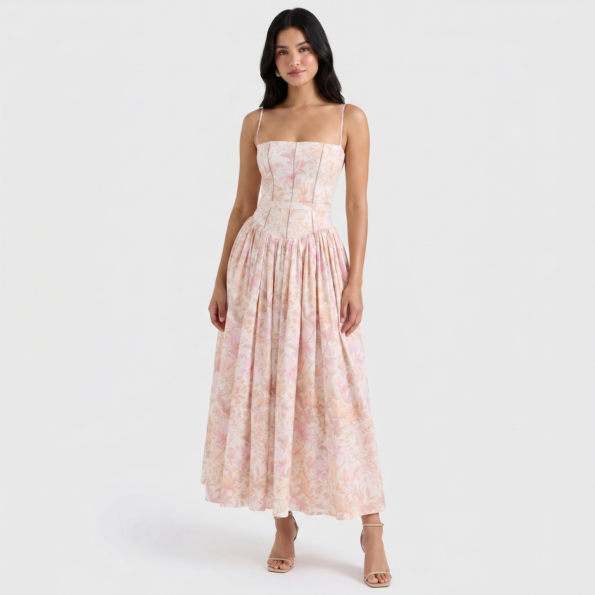 Women's Floral Print Corset Bodice Maxi Dress Spaghetti Strap Full