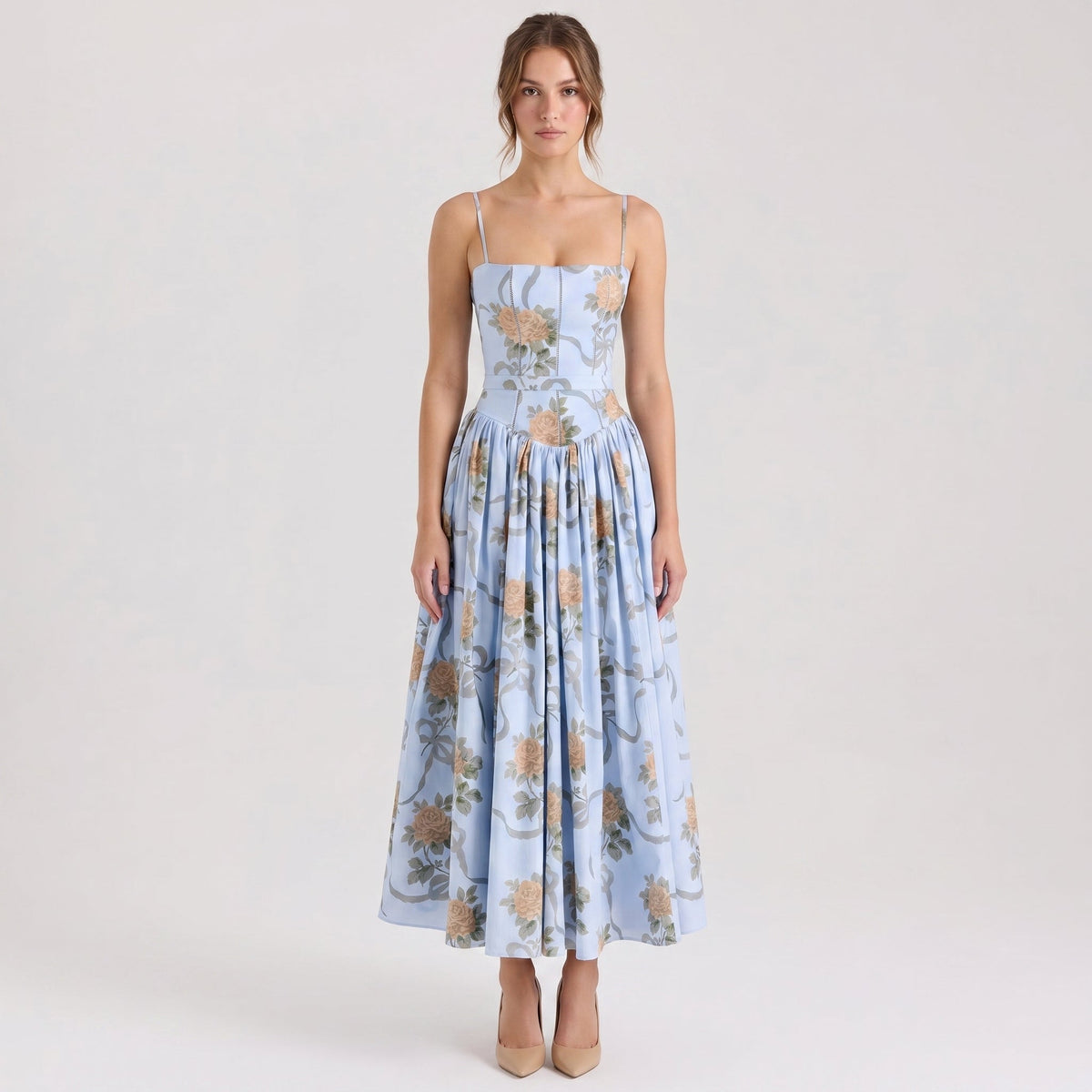 Women's Floral Print Corset Bodice Maxi Dress Spaghetti Strap Full