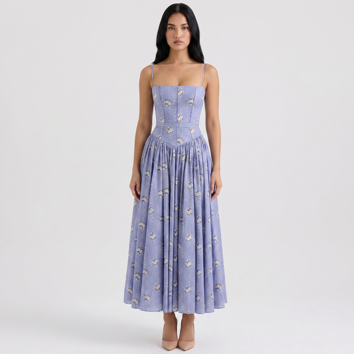 Women's Floral Print Corset Bodice Maxi Dress Spaghetti Strap Full