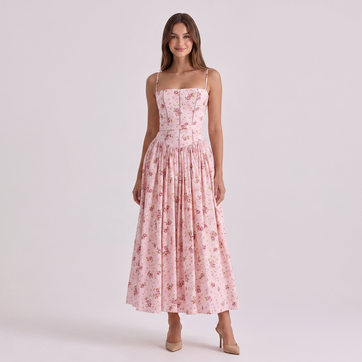 Women's Floral Print Corset Bodice Maxi Dress Spaghetti Strap Full