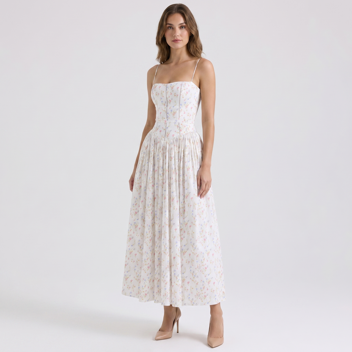 Women's Floral Print Corset Bodice Maxi Dress Spaghetti Strap Full