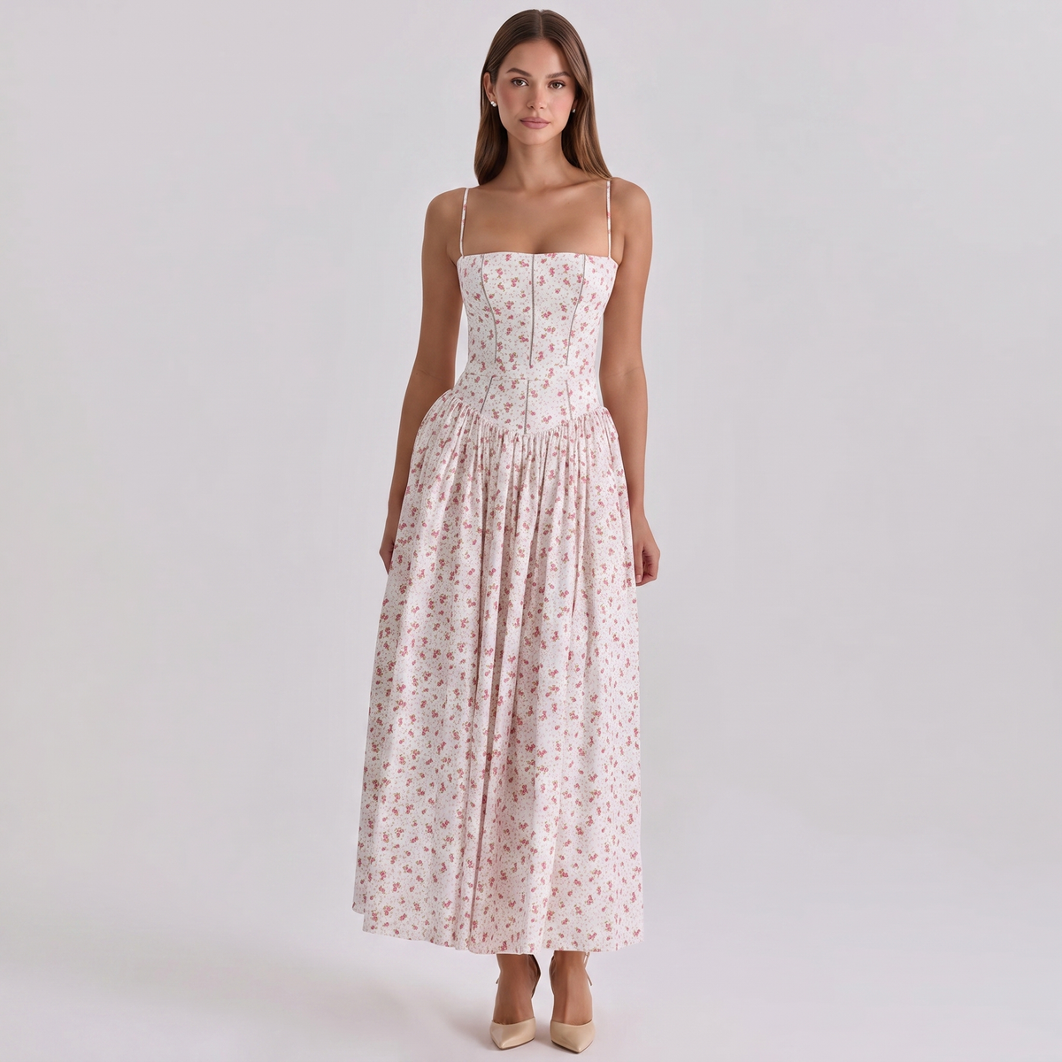 Women's Floral Print Corset Bodice Maxi Dress Spaghetti Strap Full