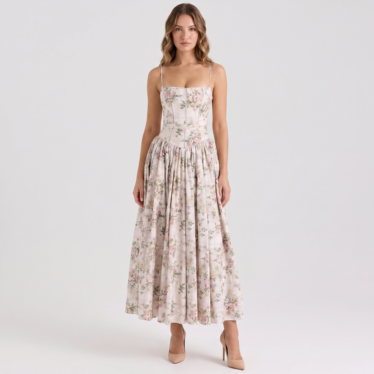 Women's Floral Print Corset Bodice Maxi Dress Spaghetti Strap Full