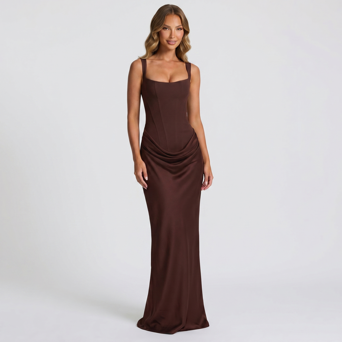 Women's Corset Bodice Satin Maxi Dress Ruched Side Sleeveless Mermaid