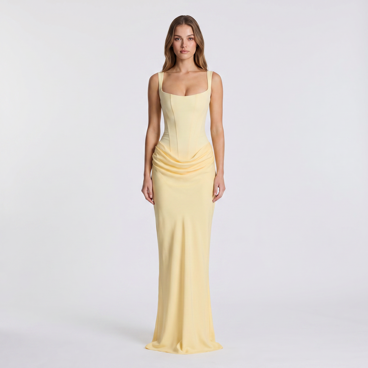 Women's Corset Bodice Satin Maxi Dress Ruched Side Sleeveless Mermaid