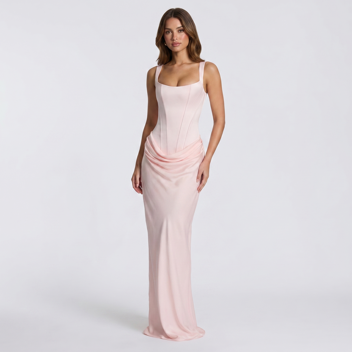 Women's Corset Bodice Satin Maxi Dress Ruched Side Sleeveless Mermaid