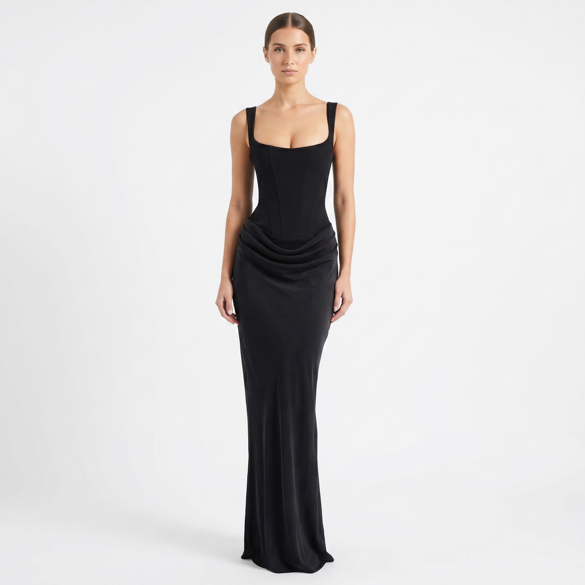 Women's Corset Bodice Satin Maxi Dress Ruched Side Sleeveless Mermaid