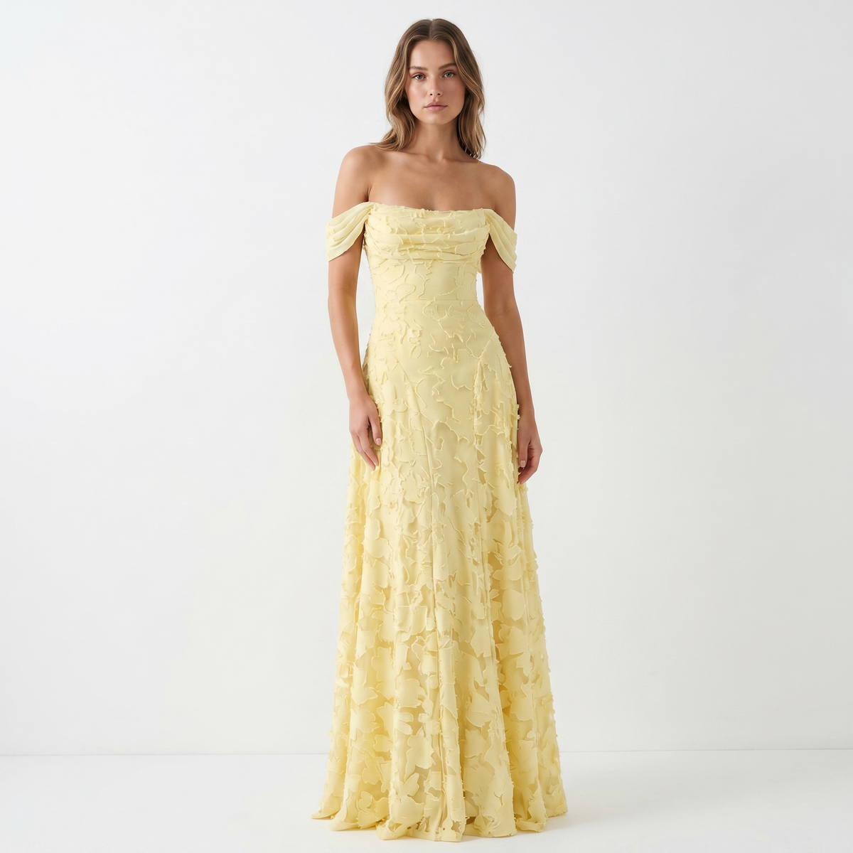 Women's Off Shoulder 3D Floral Applique Maxi Dress A-Line Formal Wedding Guest Gown