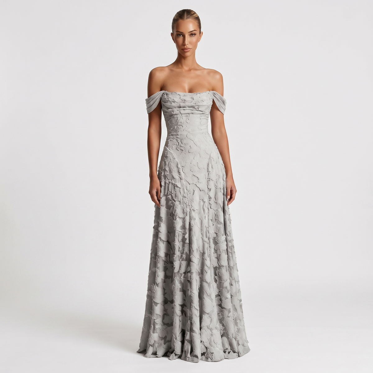 Women's Off Shoulder 3D Floral Applique Maxi Dress A-Line Formal Wedding Guest Gown
