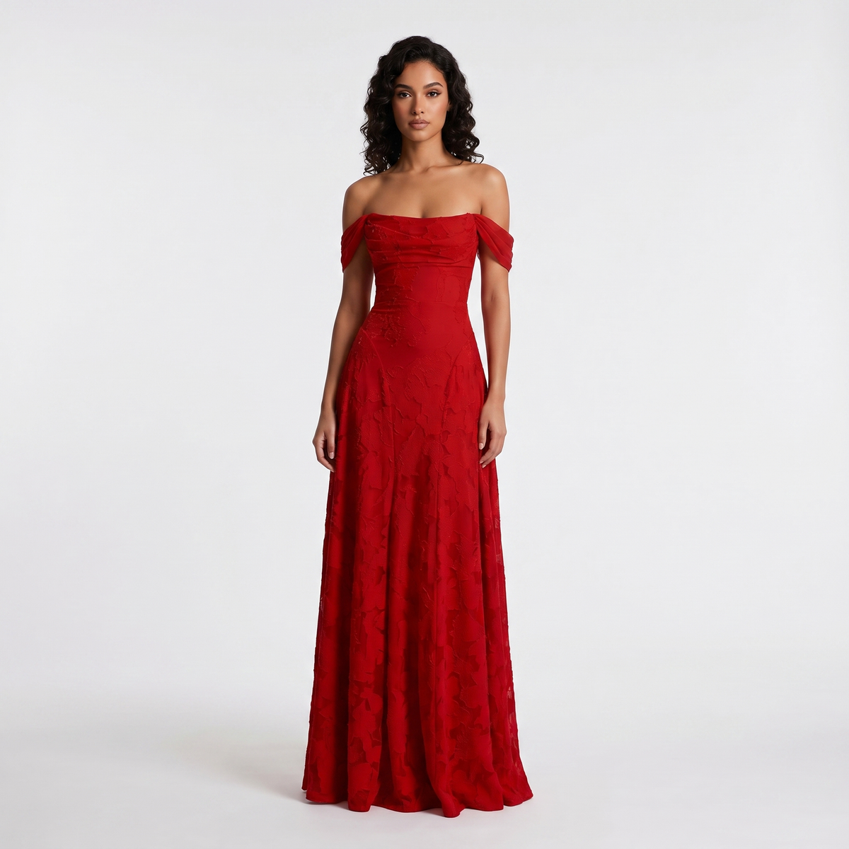 Women's Off Shoulder 3D Floral Applique Maxi Dress A-Line Formal Wedding Guest Gown