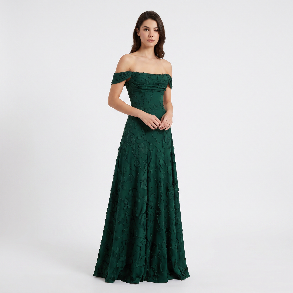 Women's Off Shoulder 3D Floral Applique Maxi Dress A-Line Formal Wedding Guest Gown