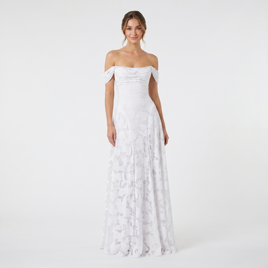 Women's Off Shoulder 3D Floral Applique Maxi Dress A-Line Formal Wedding Guest Gown