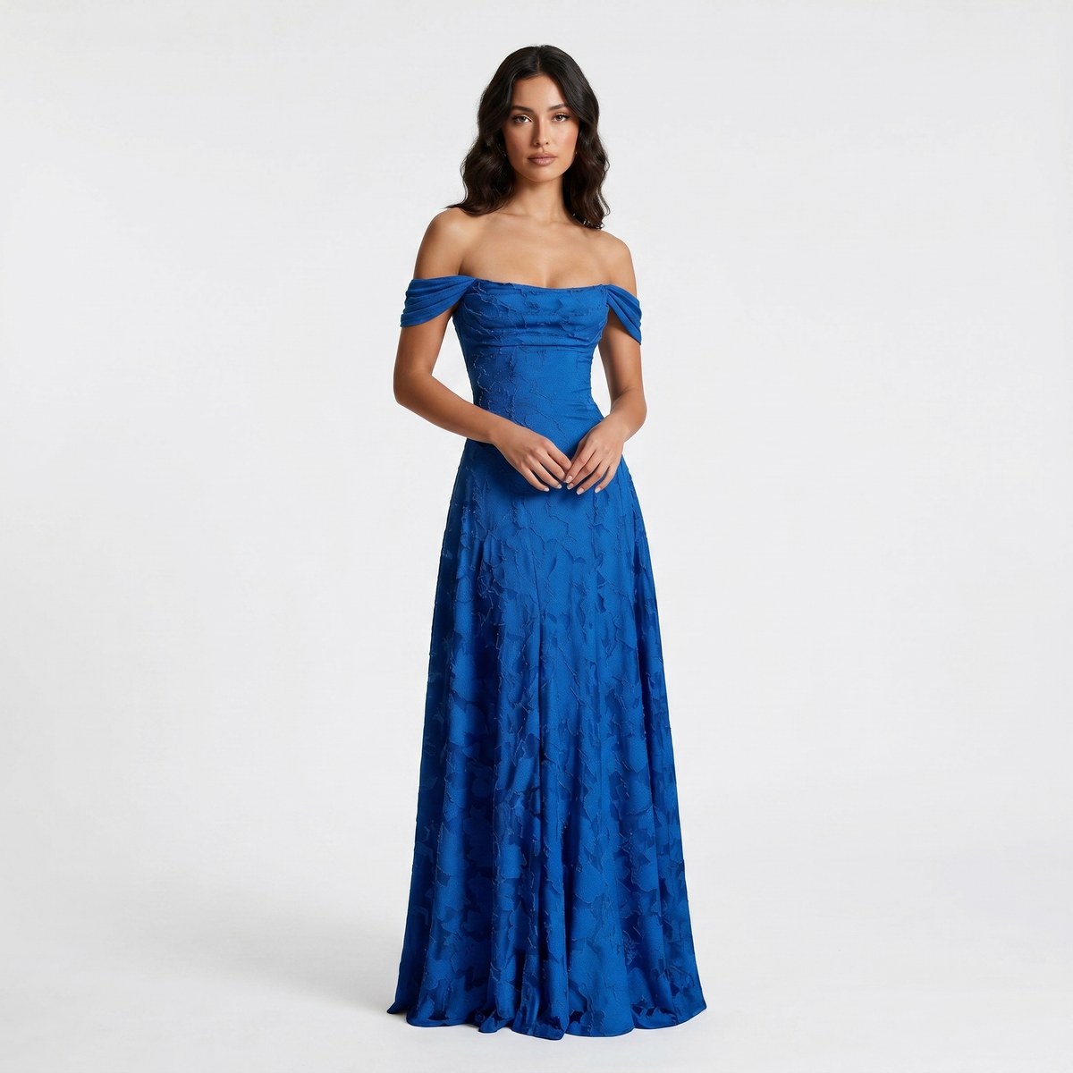 Women's Off Shoulder 3D Floral Applique Maxi Dress A-Line Formal Wedding Guest Gown