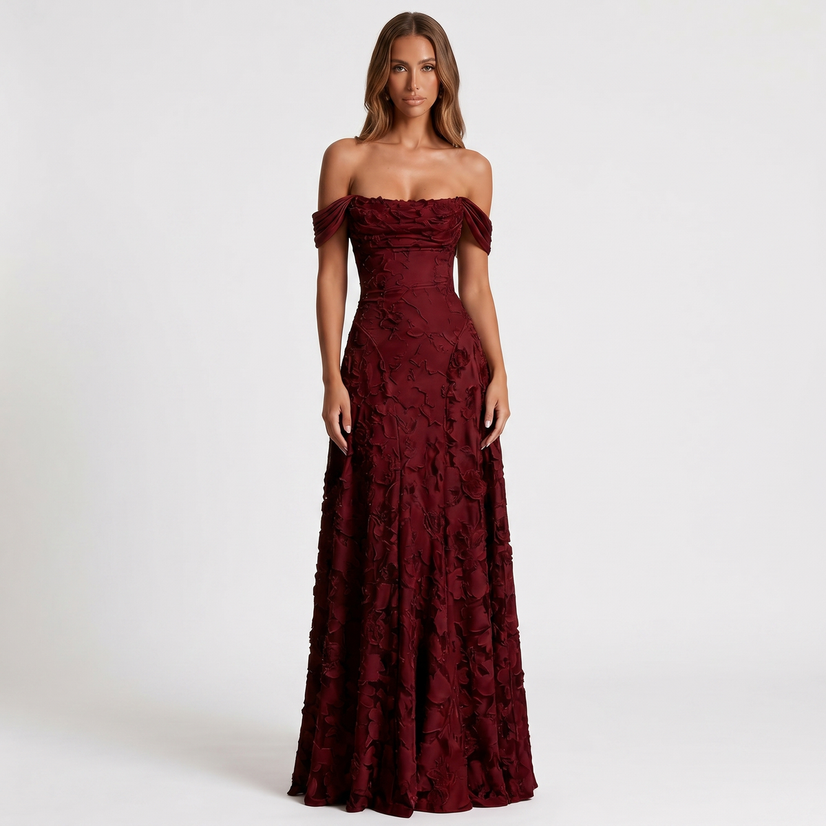 Women's Off Shoulder 3D Floral Applique Maxi Dress A-Line Formal Wedding Guest Gown