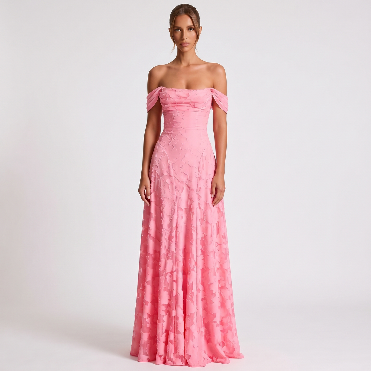 Women's Off Shoulder 3D Floral Applique Maxi Dress A-Line Formal Wedding Guest Gown