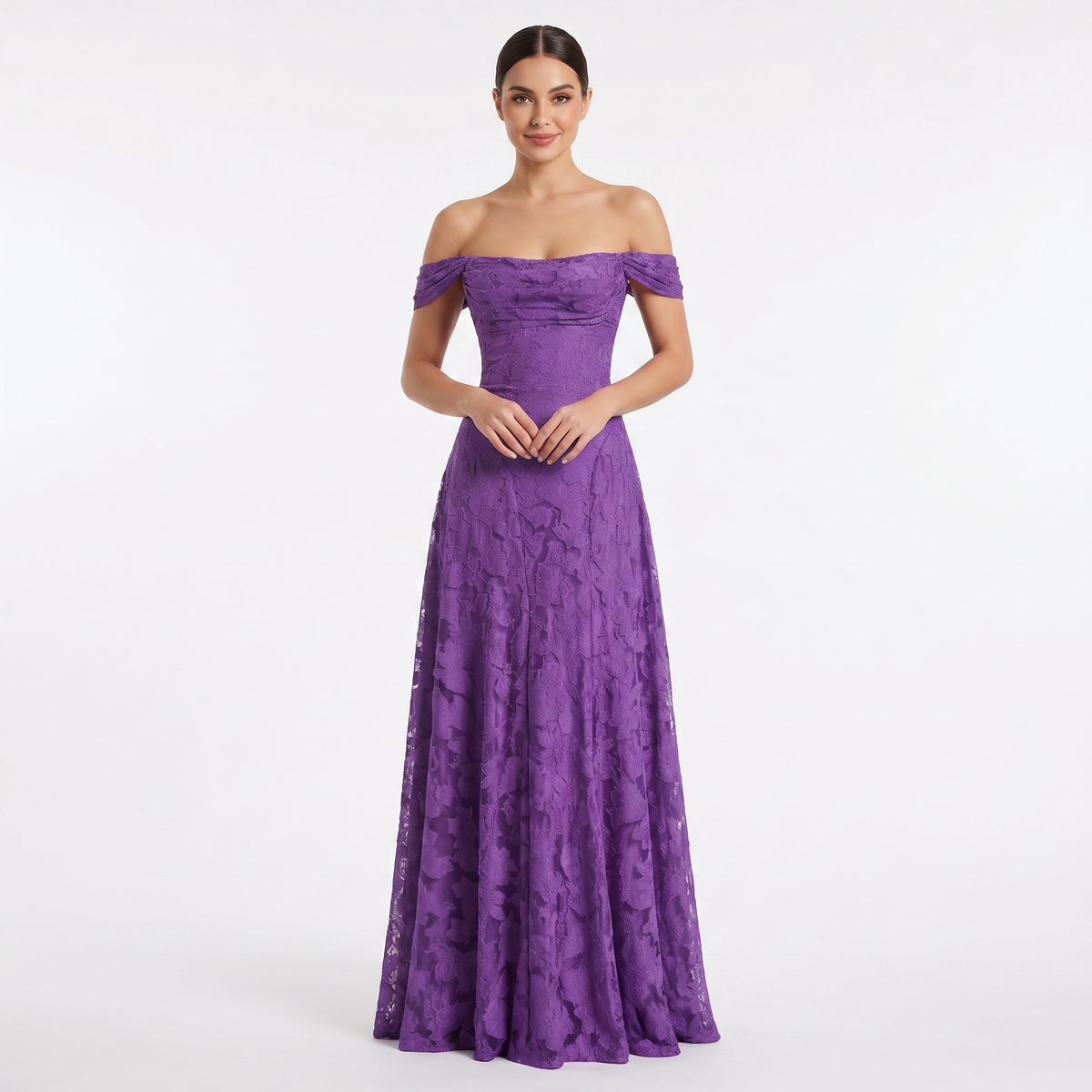 Women's Off Shoulder 3D Floral Applique Maxi Dress A-Line Formal Wedding Guest Gown