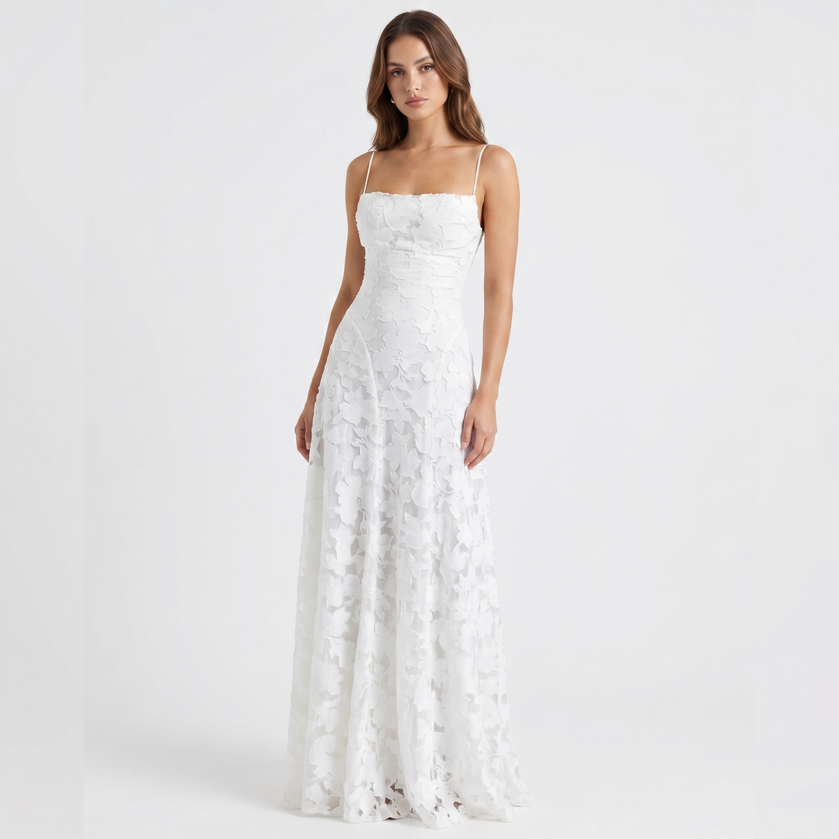 Women's 3D Floral Applique Maxi Dress Spaghetti Strap Square Neck A-Line Bridal Gown