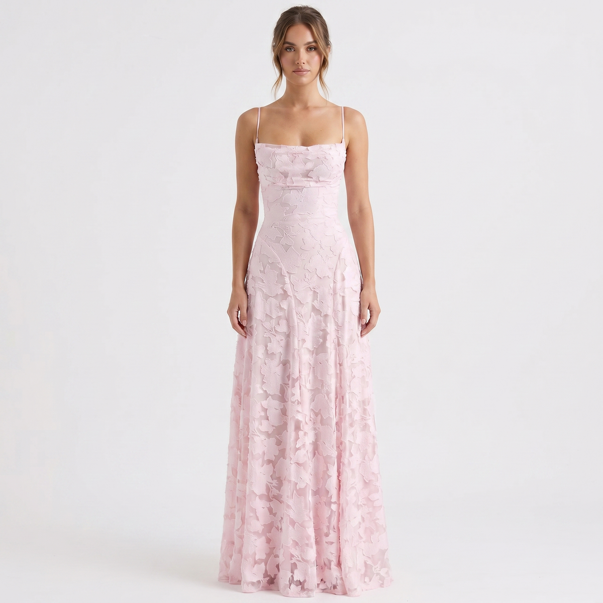 Women's 3D Floral Applique Maxi Dress Spaghetti Strap Square Neck A-Line Bridal Gown